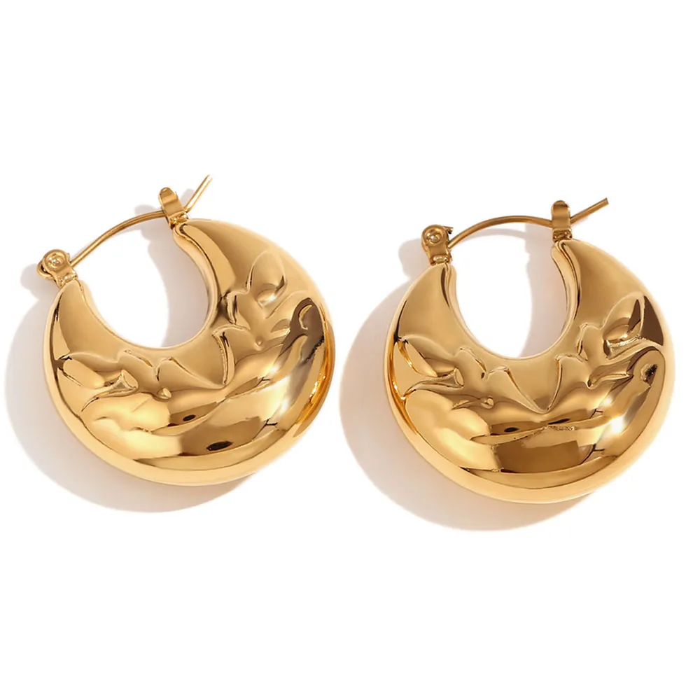 Vintage Stainless Steel Unusual Gold Plated Statement Jewelry Engraved Leaf Hollow Round Hoop Earrings For Women