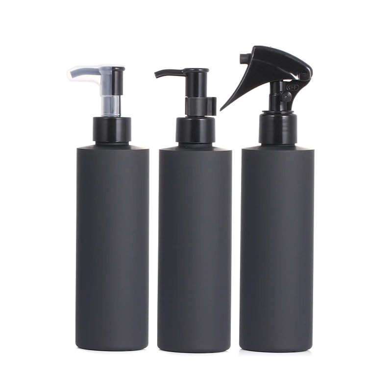 empty custom logo 240ml 8oz plastic luxury matte black soft touch shampoo conditioner and body lotion gel bottle