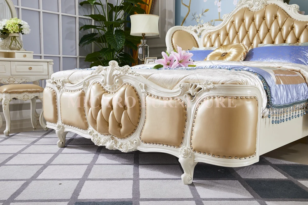 white color French classic design wooden carved leather bed