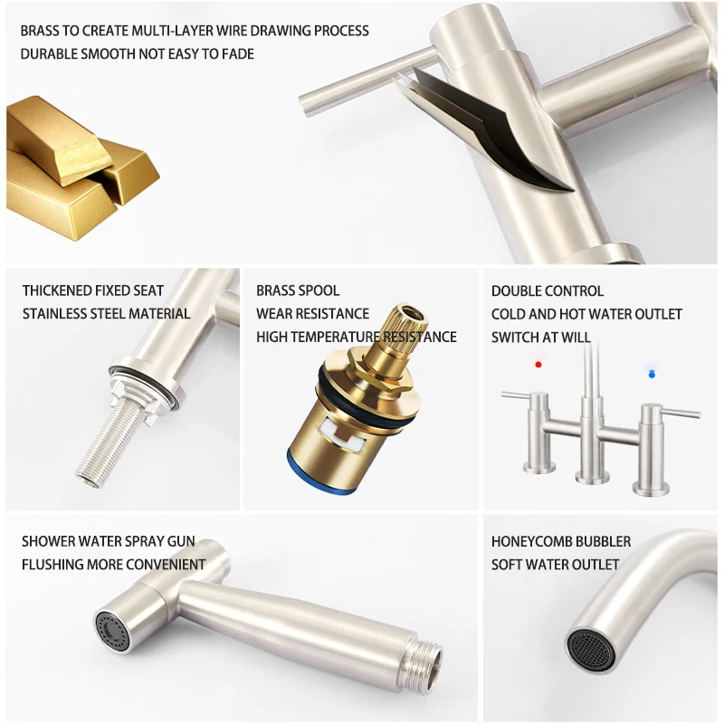 Custom Deck Mounted Nickel Brushed Stainless Steel Double Handle Two Lever Pull down Kitchen Faucet Basin Faucets Kitchen Bridge