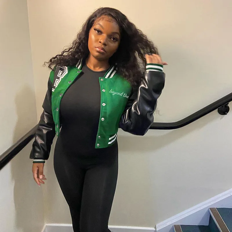 CA2439A Winter 2022 Women Fashion Colorblock Leather Sleeve Baseball Uniform Short Jacket Trending Autumn Ladies Cropped Coat