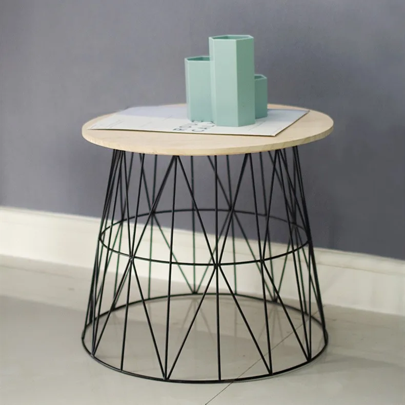 Металлическая проволочная корзина для домашнего хранения, круглый журнальный столик с крышкой из массива дерева