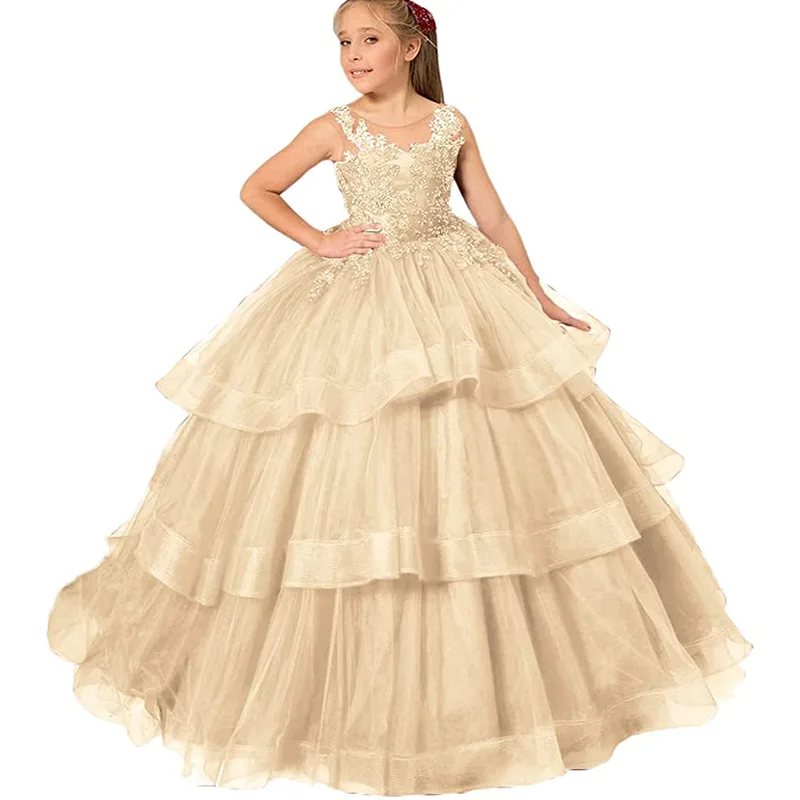Backless Flower Girl Party Dress Customized Puffy Ball Gown Elegant Kids Wedding Dresses with Applique Tulle Fabric Sleeveless