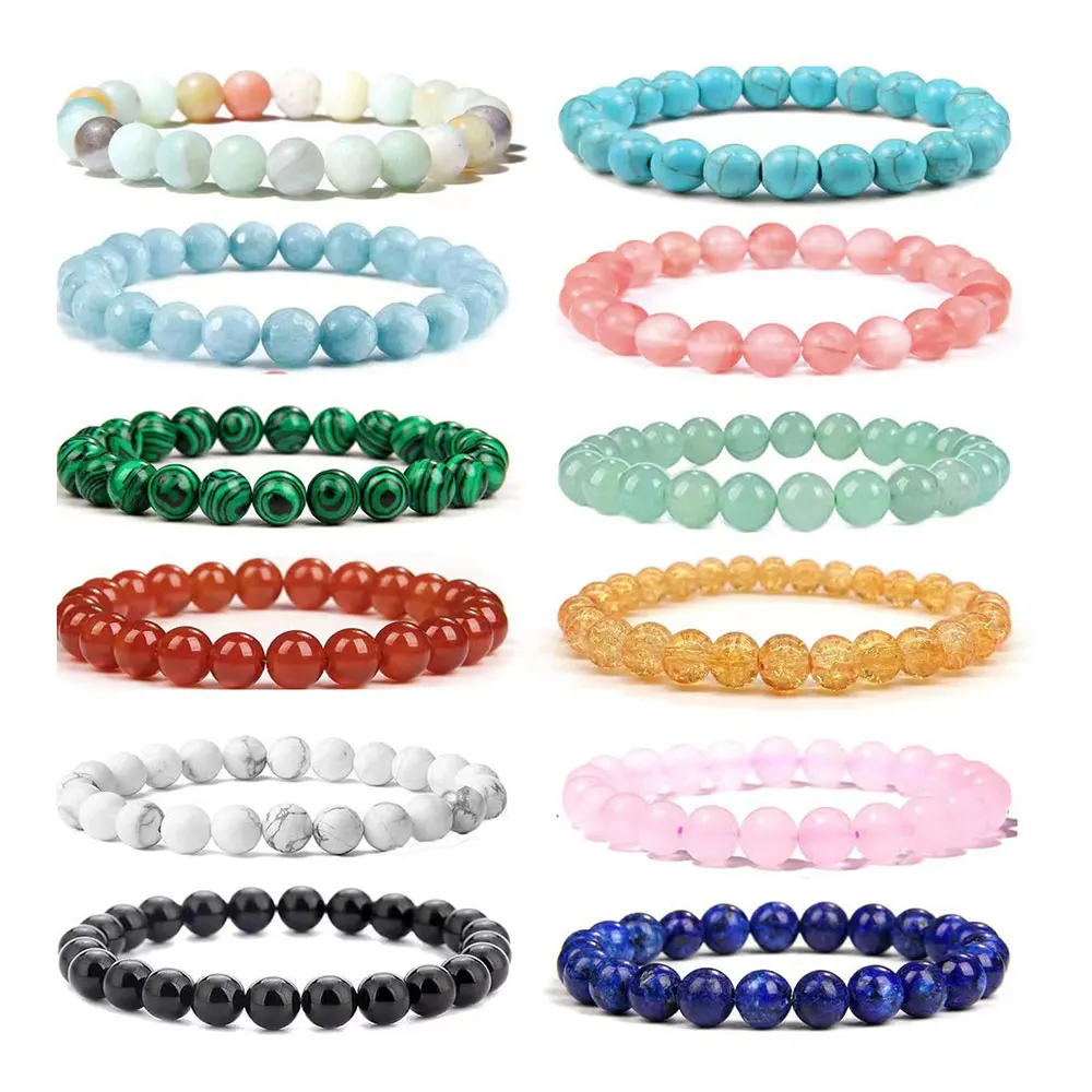 Wholesale 8mm Sea Blue Agate Stone Beads Bracelets for Women Vintage Style Natural Crystal Treasure Powder Beads