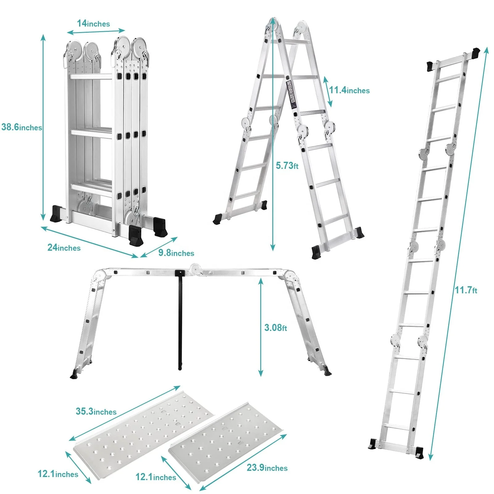 12 FT Aluminum Extension Ladder with Tool Tray, 2 Platform Plates, 7 in 1 Heavy Duty Collapsible Ladder
