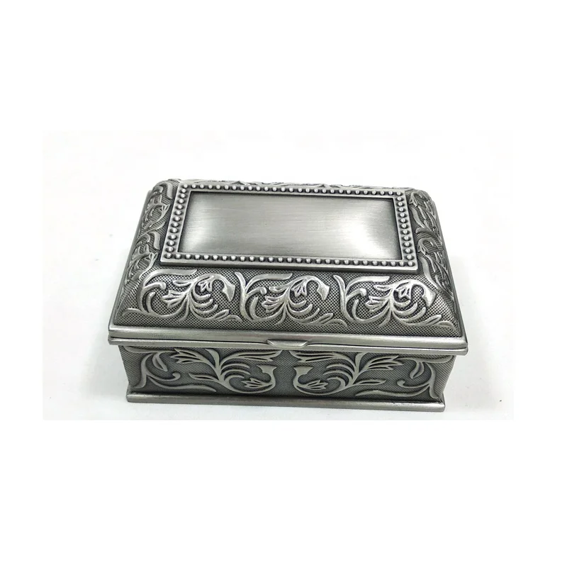Zinc alloy small rectangle jewelry box with classical flower patternin in pewter plated