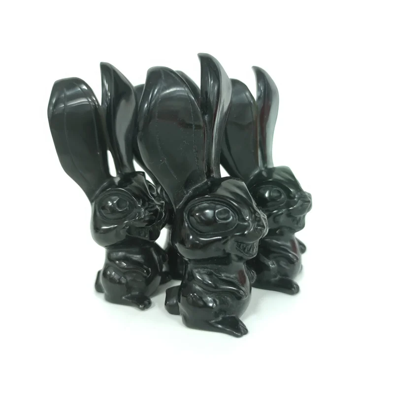 Hand Carved Natural Black Obsidian Devil Rabbit Crystal Carving Black Obsidian Animal Rabbit For Gift