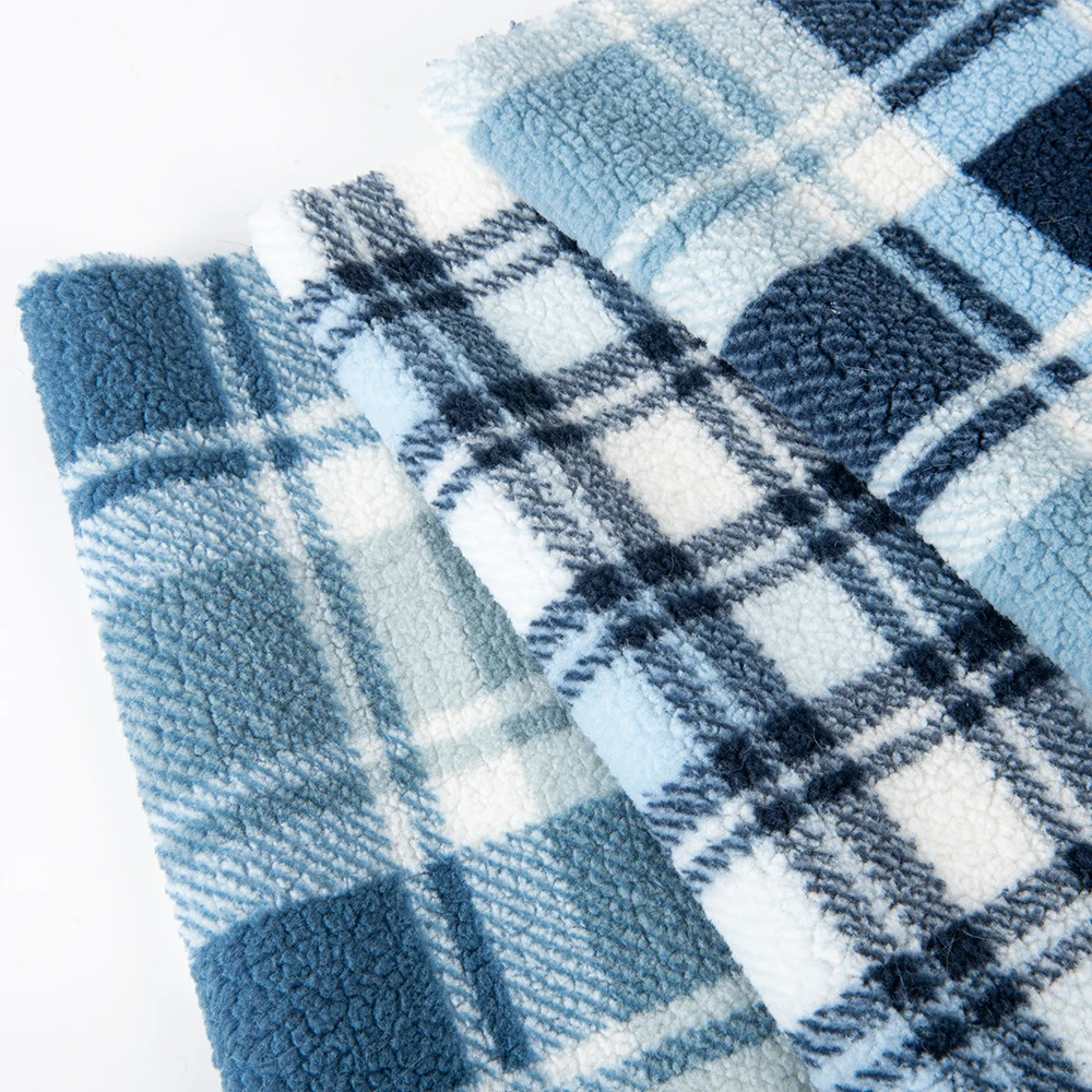 Hot Sale 100%  Polyester Check design sherpa fleece fabric back side brushed soft fine sherpa fabric for garments