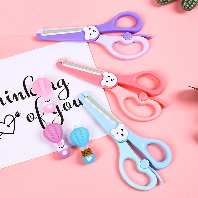 OULE Children Diy5 Inch All-plastic Round Head Cute Bear Scissors Protect Children Safety Stationery Hand Scissors