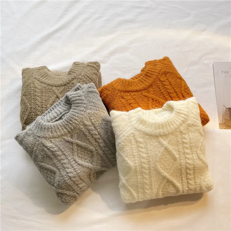 2021 autumn and winter new solid color knitted pullover sweater women retro thick needle twist thick sweater women