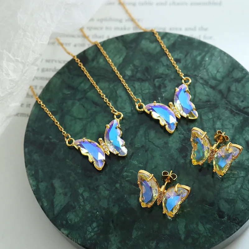 JTS002 Angle Aura Butterfly Zirconia Necklace Earrings Set Stainless Steel Jewelry Set for Women