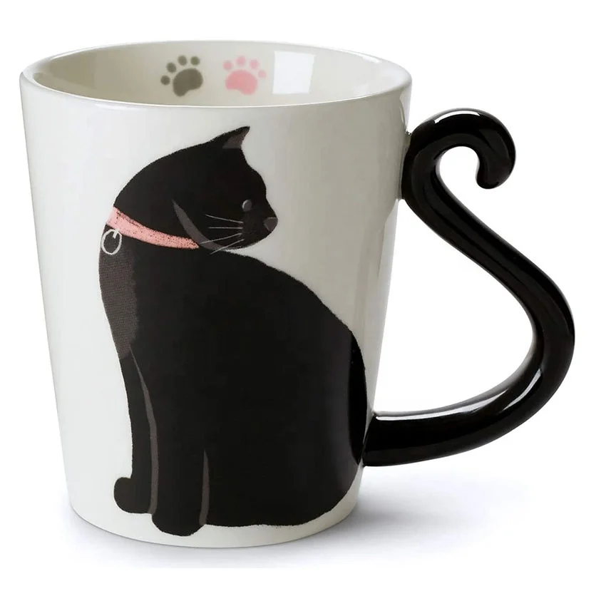 Cute Cat Mug for Coffee or Tea Ceramic Cup for Cat Lovers with Black and White Kitty and Tail Shaped Handle