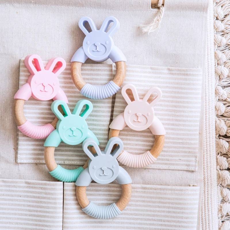 Wholesale custom BPA free bunny baby teething toys silicone wooden wrist teether