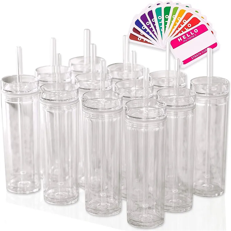 
Eco-Friendly 16oz 24 Pack Reusable Double Wall Clear Insulated Acrylic Straight Tumblers Cups Skinny Plastic Mug With Straw/Lids 