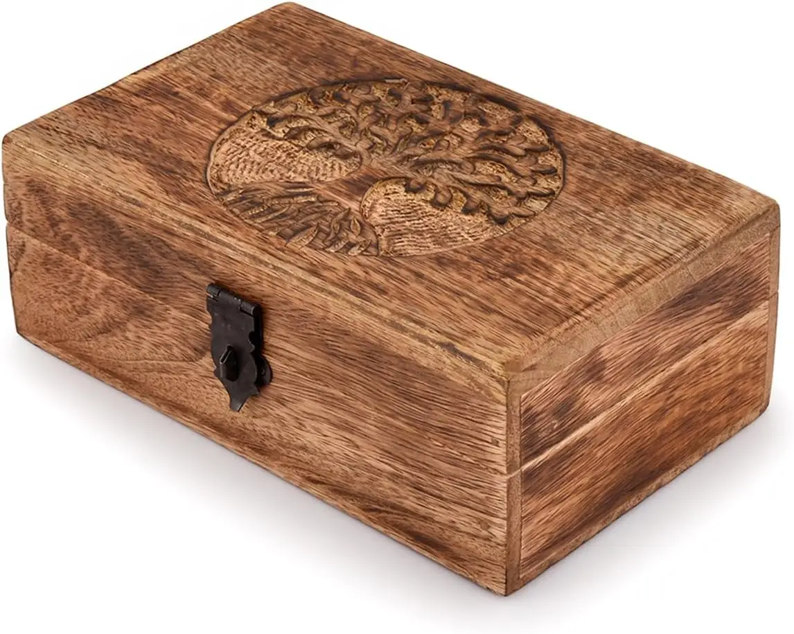 Handmade Mango Wood Tree of Life Engraving Beautifully Keepsake Box Jewellery Organiser Unique Gift Ideas for Men & Women