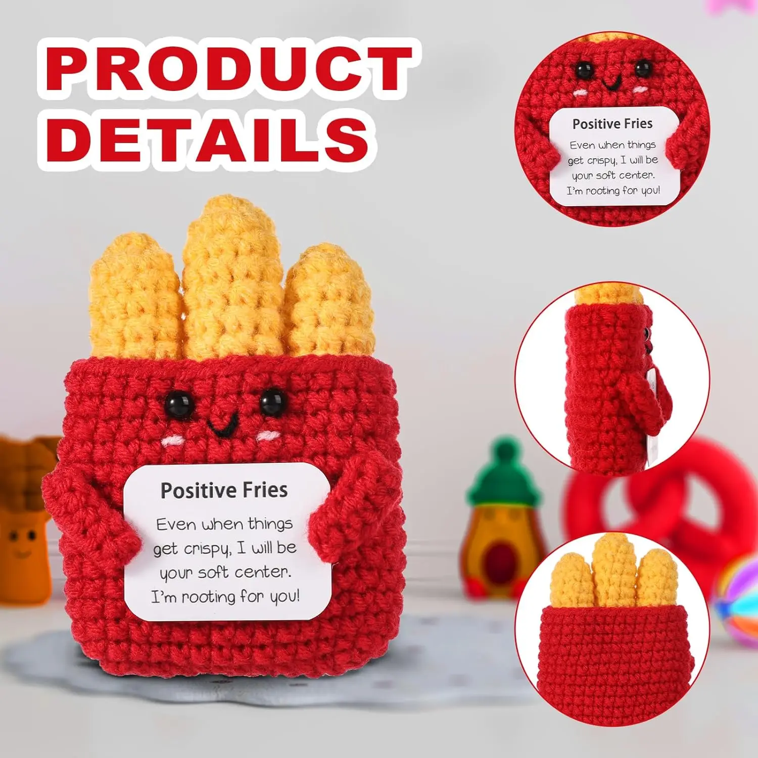 Positive French Fries Positive Knitted Toy with Card Creative Cute Wool Inspirational Crochet Doll Encouragement Gift for Party