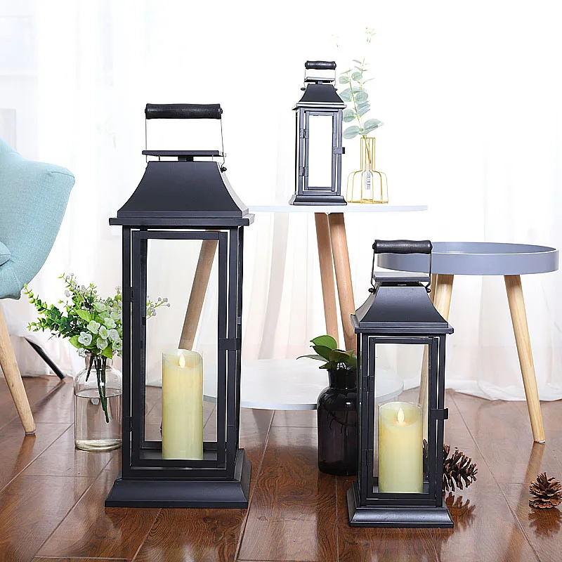 Simple Chinese retro portable windproof candlestick iron glass outdoor courtyard floor lamp candlestick ornaments