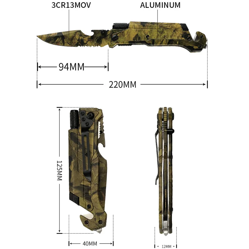 Built in Fire Starter in Aluminium Oxidized Handle LED Light 3Cr13 Serrated Blade with Bottle Opener Camouflage Folding Knife