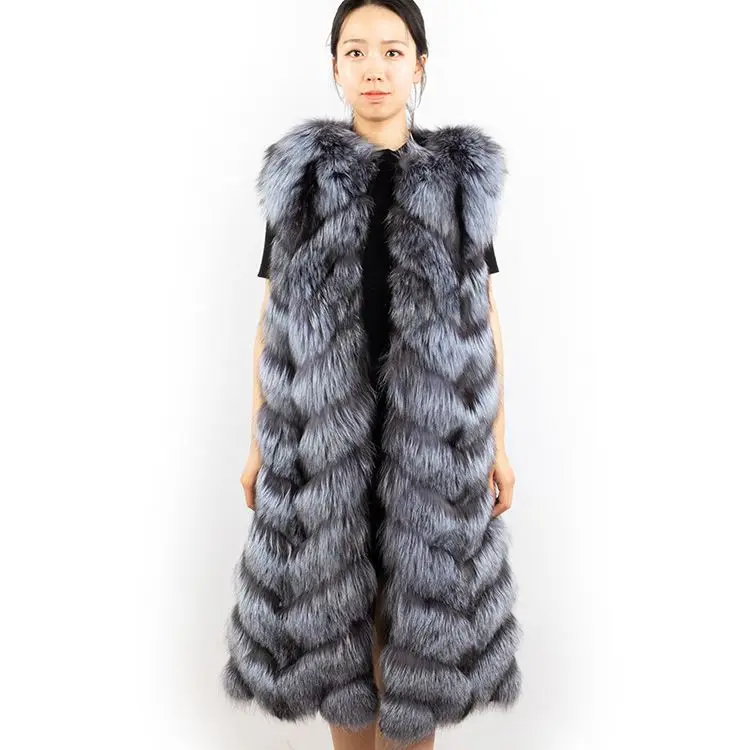 DH IATOYW 2019 Popular Women Real Fox Fur Gilet 110cm Long Wholesale Winter Silver Fox Fur Vest