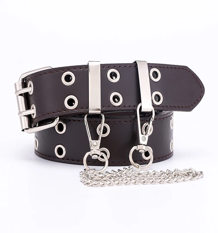 Fashion women girl double holes grommet PU leather punk chain belt