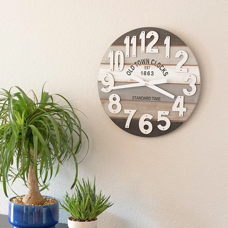 Farmhouse Decor Arabic Numerals Rustic Chic Style Wooden Round  diy wall  word clock