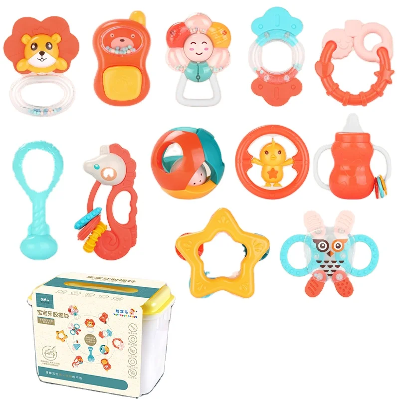  12 kinds of cute different design colorful baby teether ring non-toxic plastic rattle