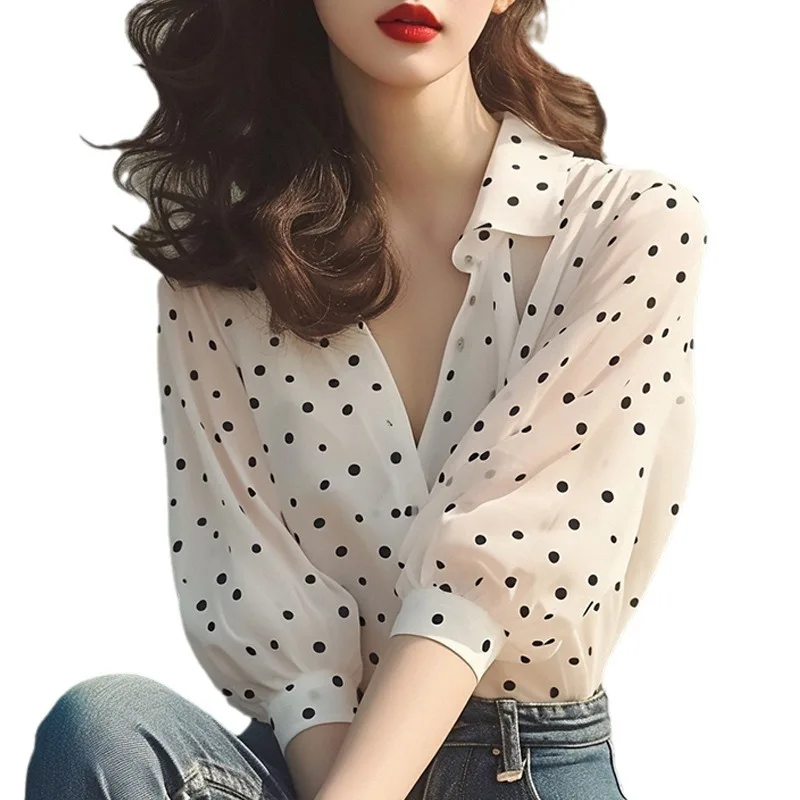 tops young 2024 Summer niche  chiffon shirt Women white blouse with black dots blouse