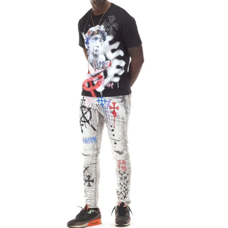 Fashion High Quality Stylish Light Color Unity Rhinestone Letter Dripping Design Jean Long Pants Men