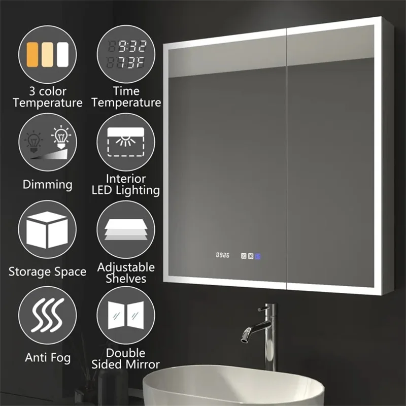 Wall Furniture Smart Bathroom Makeup Led Lighted Mirror Cabinet With Defogging