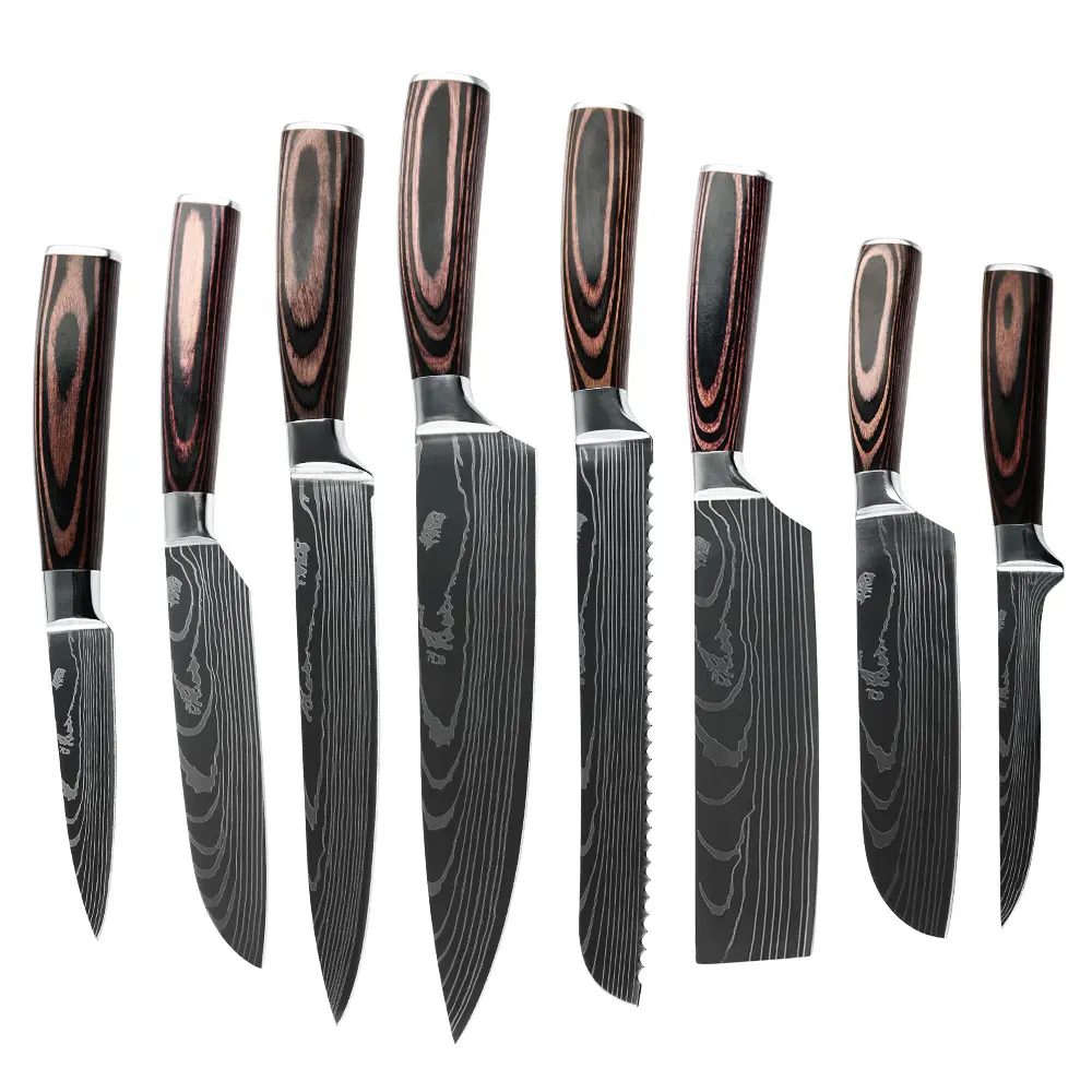 D40EP02 8 pcs Box Pack Set Knife Dark Pakka Wood Handle Laser Engraving Texture Blade Knife Gift Set High Quality Knife Set