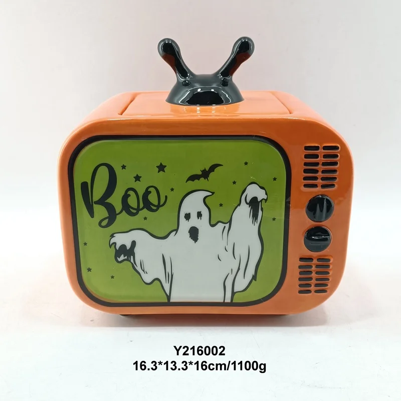 45 oz Ceramic TV Shape Halloween BOO Ghost Cookie Jar Candy Treat Jar Canister with Gasket and Lid