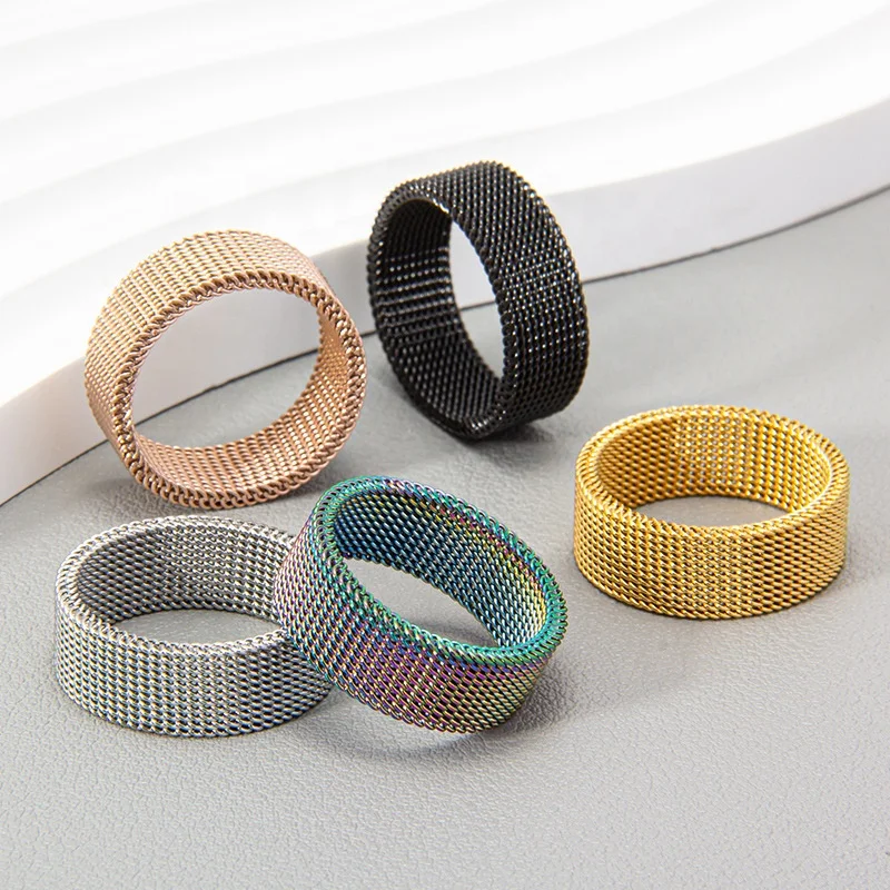Wholesale Fashion Stainless Steel 18k Gold Plated 8mm Wide Mesh Ring Simple Grid Weaving Zipper Chain Enamel Ring