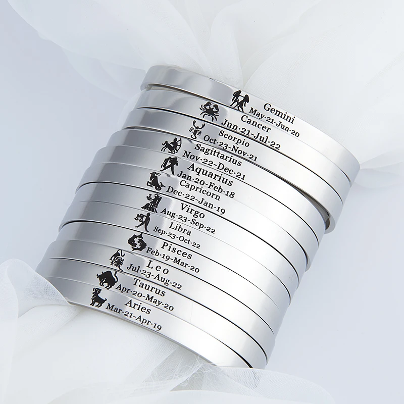 European fashion steel color Zodiac signs Engraved Stainless Steel Bracelet Bangles for Women Men