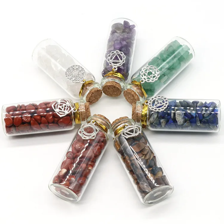 High quality natural crystal gravel set seven colors yoga stones  seven chakra wishing bottle symbol style