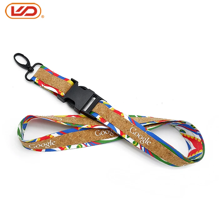 Eco friendly google printed plastic buckles clip accessories strings cork neck lanyard cork straps