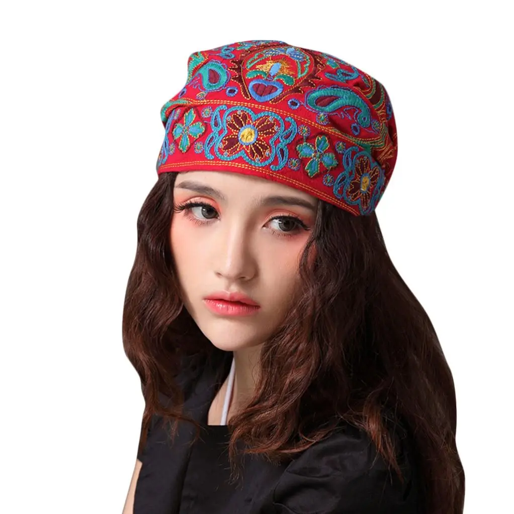 Mexican Chinese Traditional Style Women Hat Ethnic Vintage Embroidery Flowers Bandanas Red Print Hat