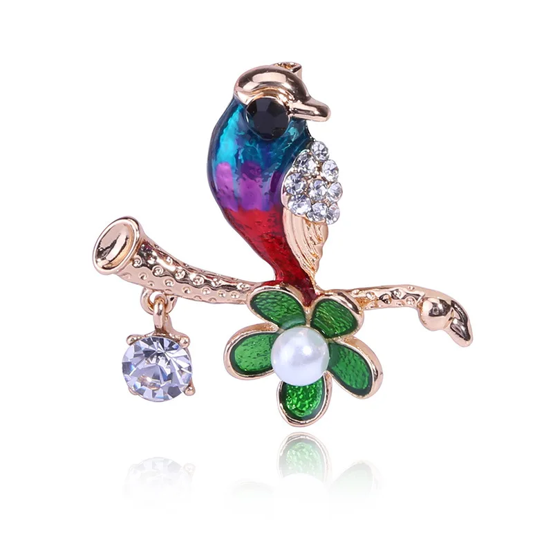 KC Gold Plated Brooch Breastpin Shawl Scarf Lapel Pins Pearl Crystal Hand Painting Green Flower Bird Tree Branch Brooch