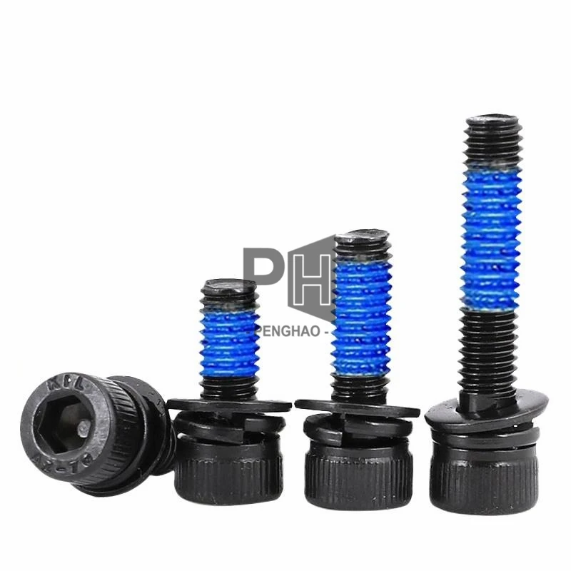 12.9 Grade Steel M3-M5 Black Three-Combination Adhesive Anti-Loose Hex Socket Cup Head Screws Washer Nylock Screw Bolts