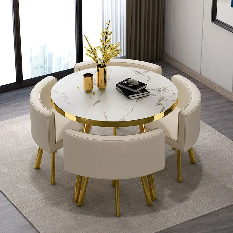 Modern Living Room Furniture White Gold high quality board Round Small Space Save Kitchen Furniture Dining Room Table Set