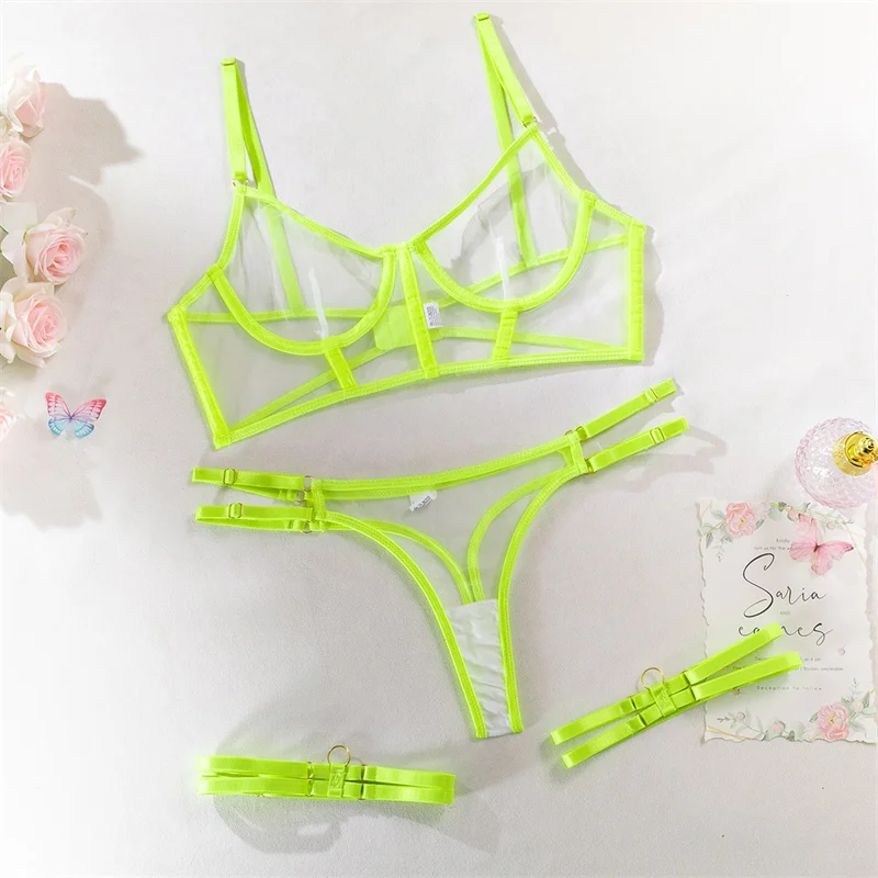 2024 New style American cute girl type bunny dress net red hot underwear bra sexy perspective fishbone mesh set female spot