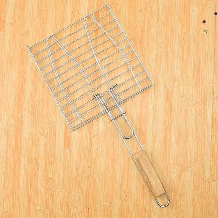 Barbecue tool thicken double fish barbecue mesh grill basket BBQ rack barbecue clip for fishes wooden handle