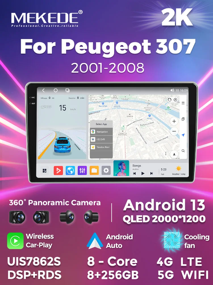 MEKEDE Android car screen gps navigation car-play auto 8core WiFi 4G LTE for Peugeot 307 2001-2008 support add 360 camera