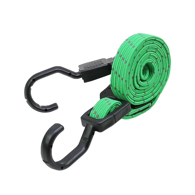 Custom Length High Elastic Adjustable Flat Luggage Rope Bungee Cord Reflective Flat Bungee Cord with Heat Treated Steel Hooks