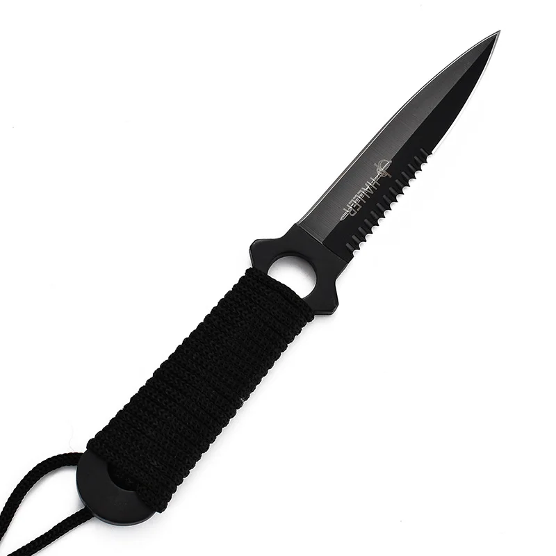 
High Carbon Fixed Blade Knife stainless steel Handle Black slivery Outdoor, Tactical, Survival and EDC knife with rope 