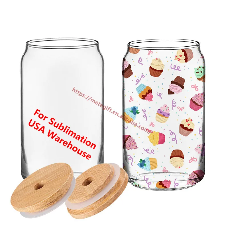 USA Warehouse 16oz 16 oz Clear or Frosted Iced Coffee Sublimation Blanks Beer Glass Can Tumbler with Bamboo Lids and Glass Straw