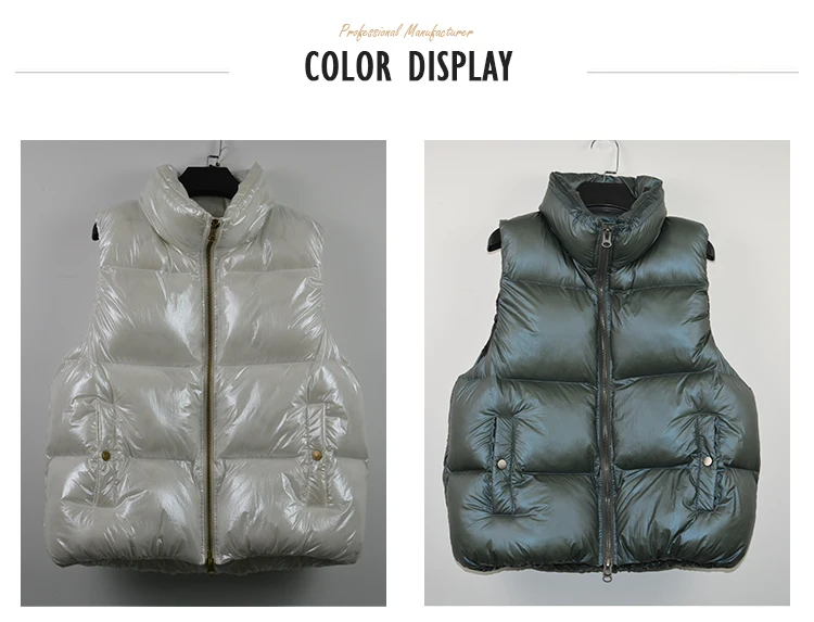 
S-XL Stand Collar 390g Polyester White Winter Quilted Bubble Coat Vest Shiny Puffer Vest Women 