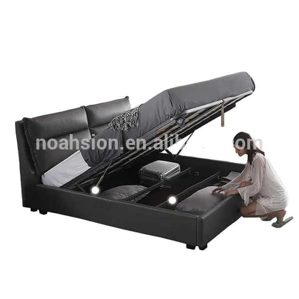 Современная дизайнерская подъемная кровать из искусственной кожи для главной спальни с большим хранилищем