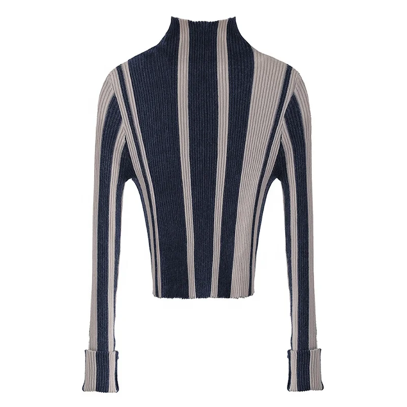 Warm and Soft Knit Wear Lady Knitting Pullover Navy Striped Turtleneck Sweater
