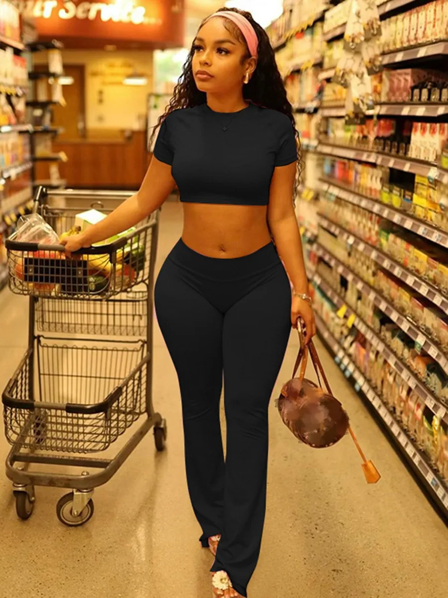 2024 Summer New Short sleeved Round Neck Short Top Elastic Waist Long Pants Casual Two Piece Set