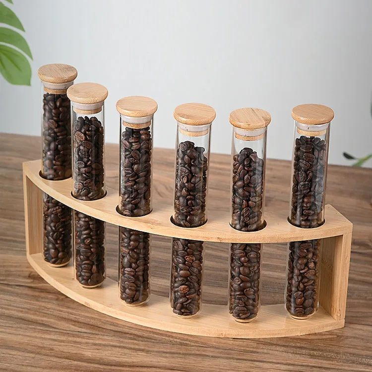 Clear Round bottom Borosilicate Glass Tube for Coffee Beans Spice Display with Airtight Bamboo Lid and Wood holder
